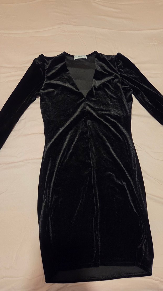 mango siyah kadifemsi V Yaka  Elbise - Görsel 5