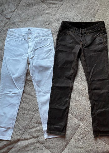 Kadın Beyefendi Kesim Beyaz ve Gri Denim Pantolon