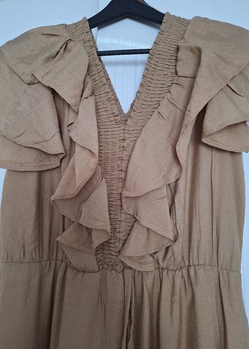 Bej Keten Uzun Fırfırlı Elbise - Görsel 2