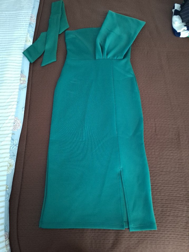 Yeşil Parlak Saten Kemerli Straplez Kalem Elbise - Görsel 3