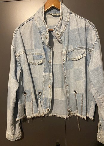 Düğmeli Batik Desenli Mavi Denim Ceket - Görsel 3