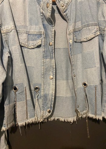 Düğmeli Batik Desenli Mavi Denim Ceket - Görsel 2