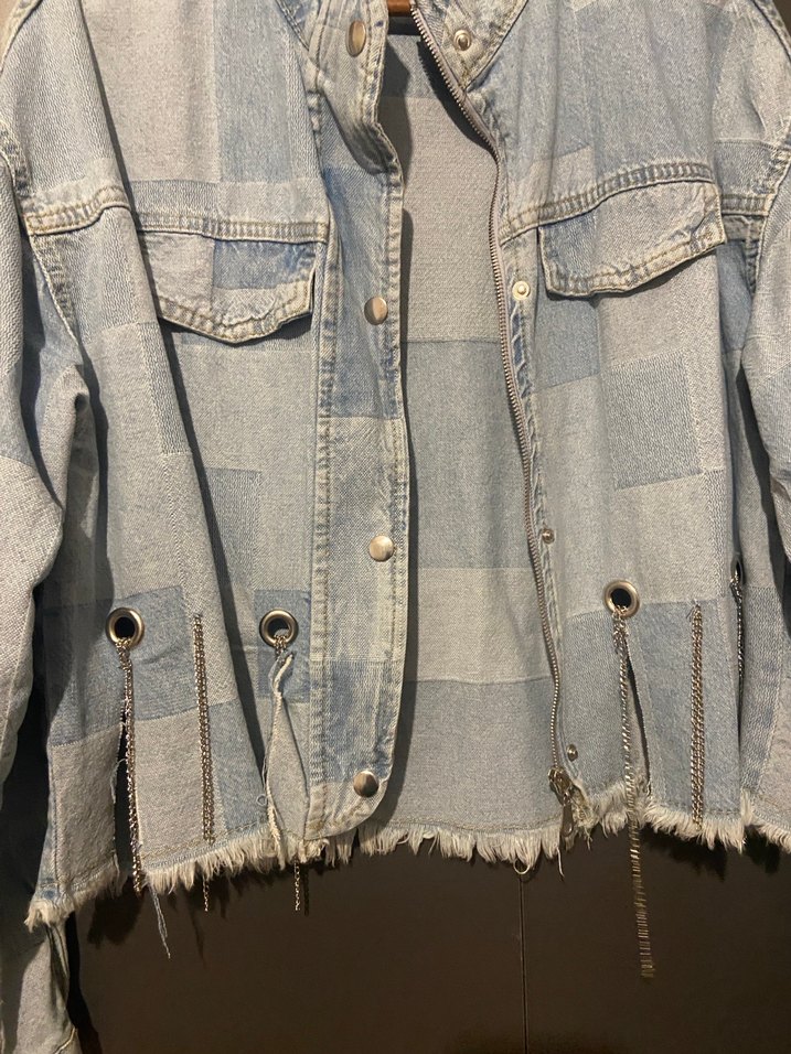 Düğmeli Batik Desenli Mavi Denim Ceket - Görsel 2