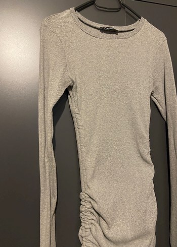 Gri Uzun Kollu Drapeli Triko Elbise - Görsel 2