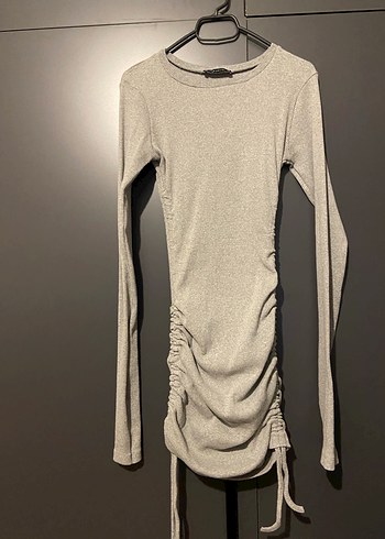 Gri Uzun Kollu Drapeli Triko Elbise - Görsel 4