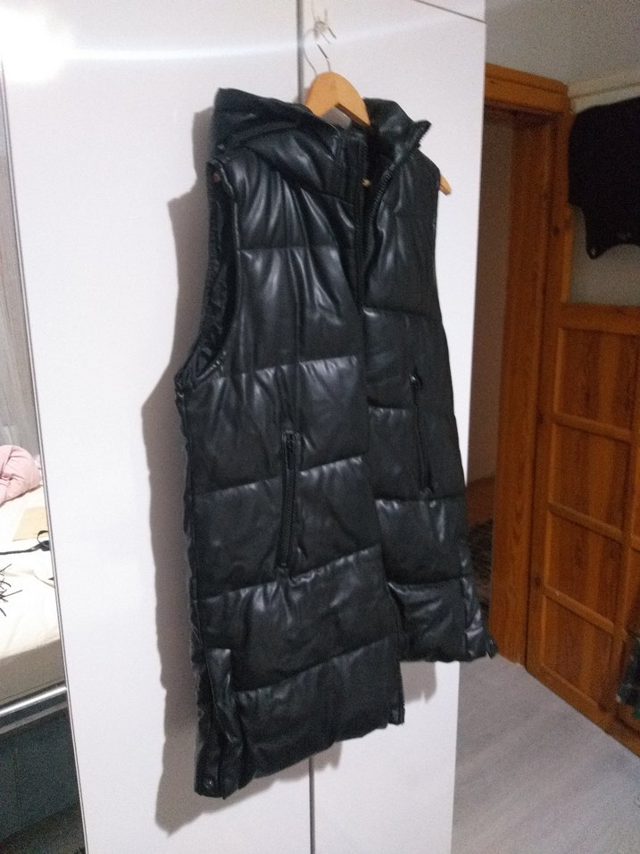 Siyah Deri Fermuarlı Biker Yelek - Görsel 3