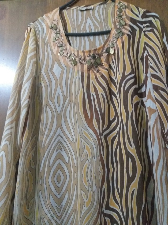 Bej Zebra Desenli V Yaka Uzun Kollu Bluz - Görsel 2