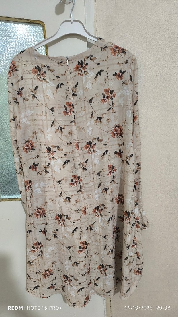 Bej, Uzun Kollu, Fırfırlı Mini Tunik - Görsel 2