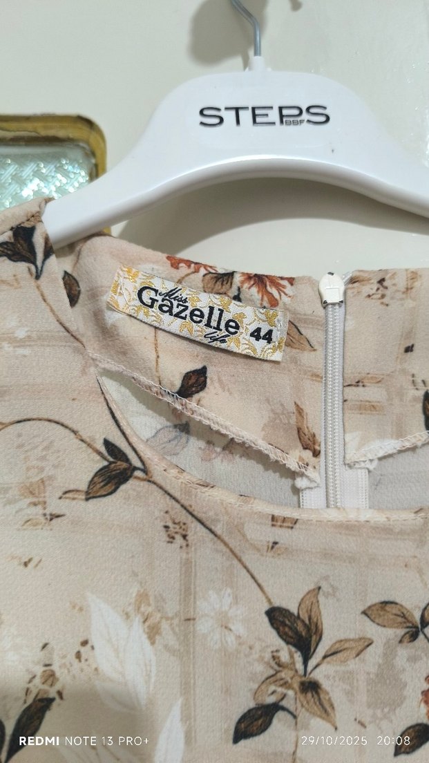 Bej, Uzun Kollu, Fırfırlı Mini Tunik - Görsel 3