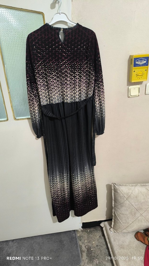 Uzun Pilili Bağlama Desenli Kadın Elbise - Görsel 2