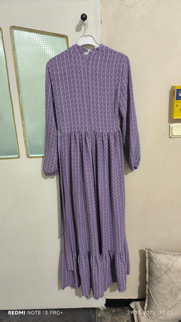 Mor Uzun Kollu Pilili Kadın Elbise - Görsel 2