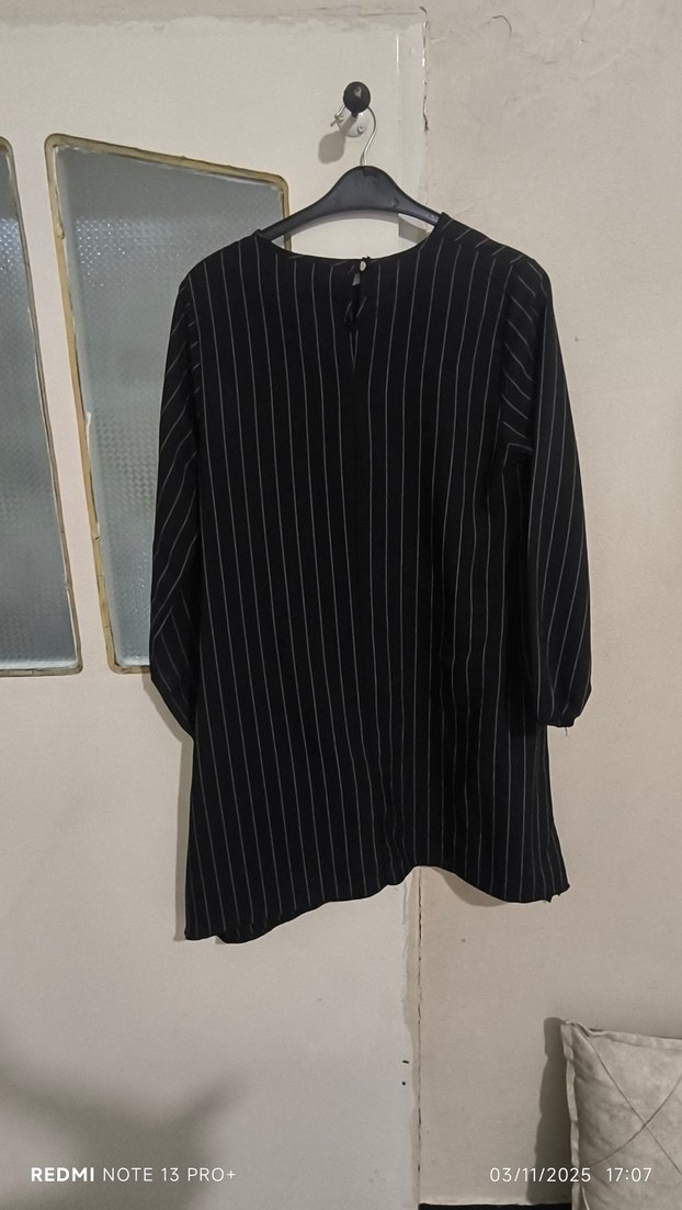 Kadın Siyah Çizgili Midi Keten Tunik - Görsel 2