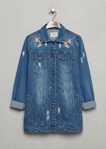 Diğer Cicek İslemeli Mavi Denim Ceket