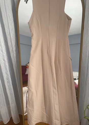 Bej V Yaka Düğmeli Uzun Elbise - Görsel 6