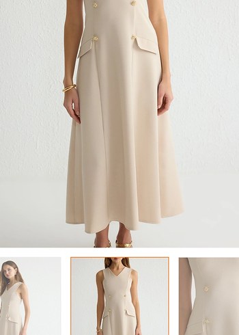 Bej V Yaka Düğmeli Uzun Elbise - Görsel 2