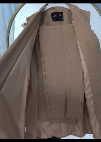 Bej Düğmeli Keten Midi Yelek pantolon takım - Görsel 2