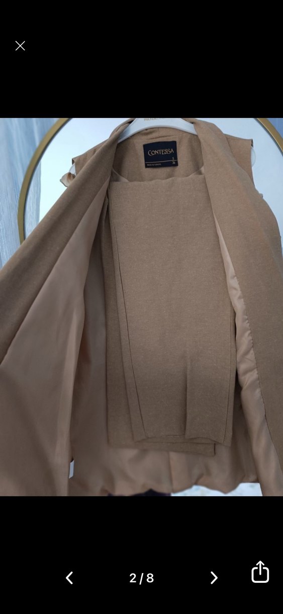 Bej Düğmeli Keten Midi Yelek pantolon takım - Görsel 2