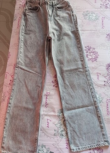 36 Beden gri Renk Gri yüksek bel uzun straight jeans