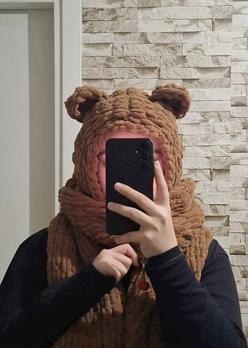 Kahverengi Örgü Kadın Atkı ve Kapüşon - Görsel 4