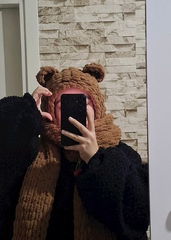 Kahverengi Örgü Kadın Atkı ve Kapüşon - Görsel 5