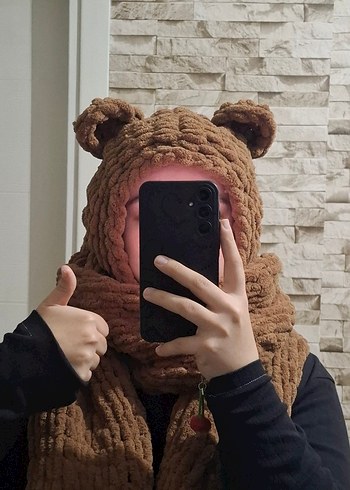 Kahverengi Örgü Kadın Atkı ve Kapüşon - Görsel 3