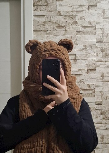 Kahverengi Örgü Kadın Atkı ve Kapüşon - Görsel 2