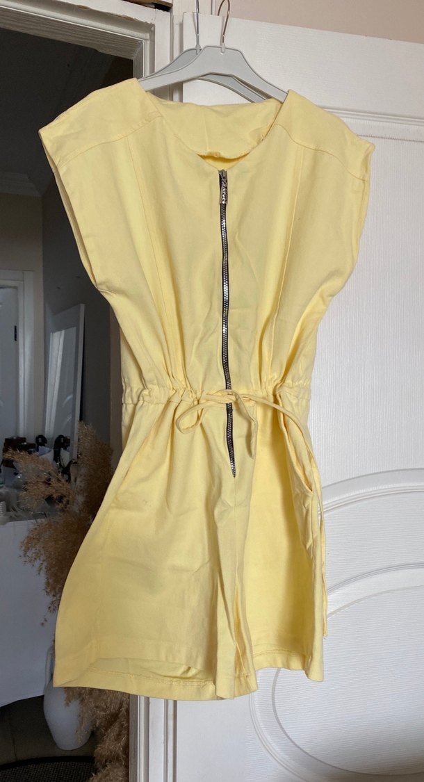 Sarı Midi Kısa Kadın Tulum Fermuarlı - Görsel 4