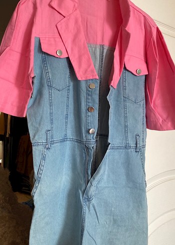 Pembe Kısa Kollu Denim Tulum - Görsel 2
