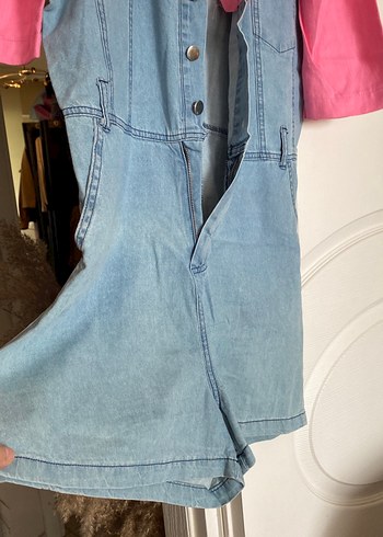 Pembe Kısa Kollu Denim Tulum - Görsel 4