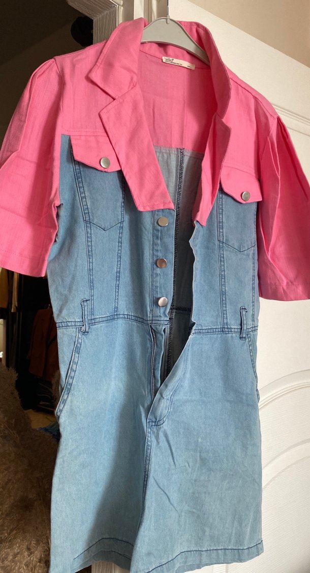 Pembe Kısa Kollu Denim Tulum - Görsel 2