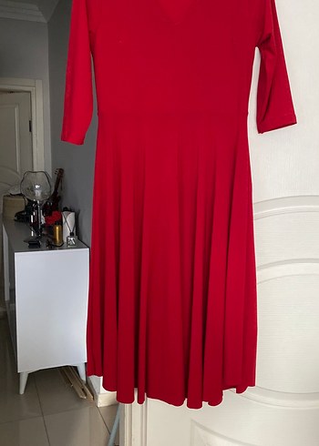 Kırmızı V Yaka Midi Elbise - Görsel 4