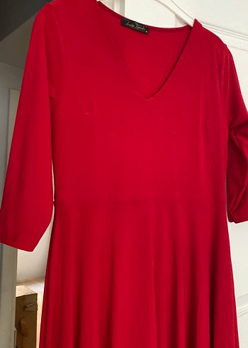 Kırmızı V Yaka Midi Elbise - Görsel 3