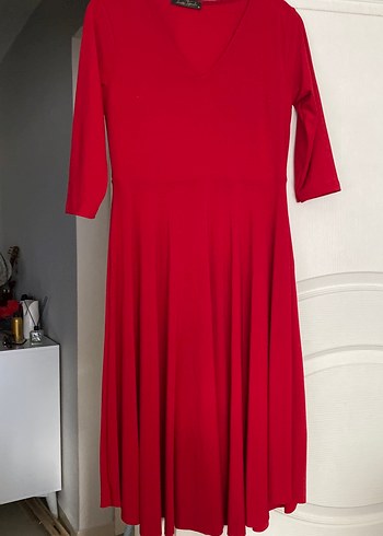 Kırmızı V Yaka Midi Elbise - Görsel 2