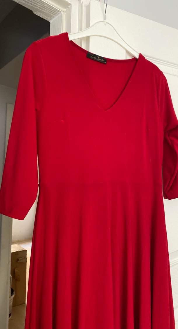 Kırmızı V Yaka Midi Elbise - Görsel 3