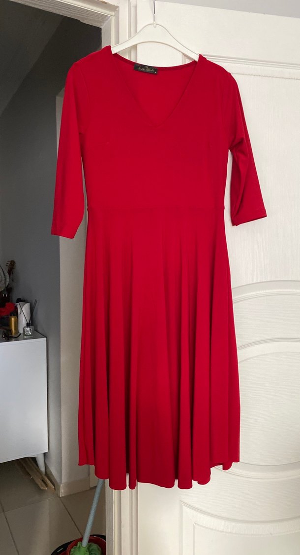 Kırmızı V Yaka Midi Elbise - Görsel 2