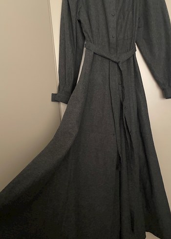 Uzun Gri Keten Kadın Elbise - Görsel 3