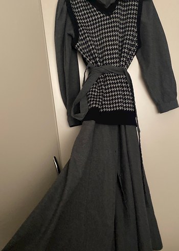 Uzun Gri Keten Kadın Elbise - Görsel 5