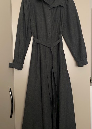 Uzun Gri Keten Kadın Elbise - Görsel 2