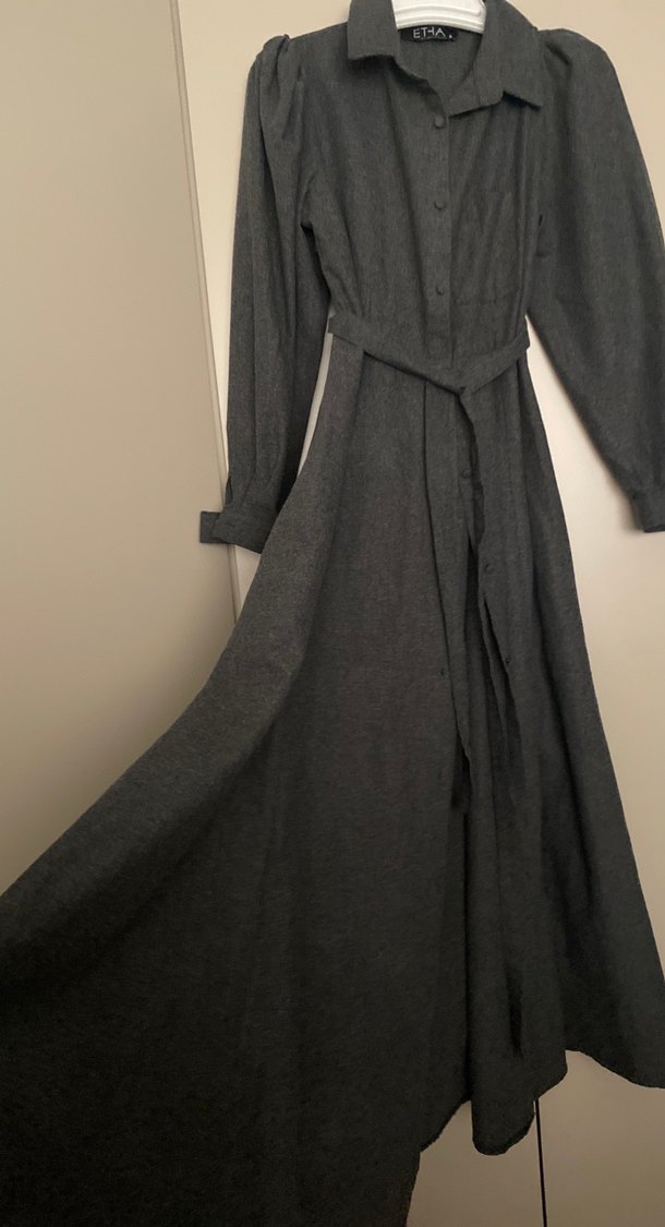 Uzun Gri Keten Kadın Elbise - Görsel 3