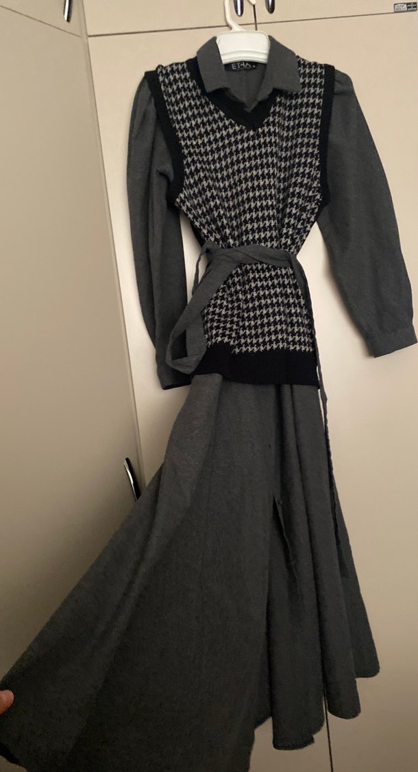 Uzun Gri Keten Kadın Elbise - Görsel 5