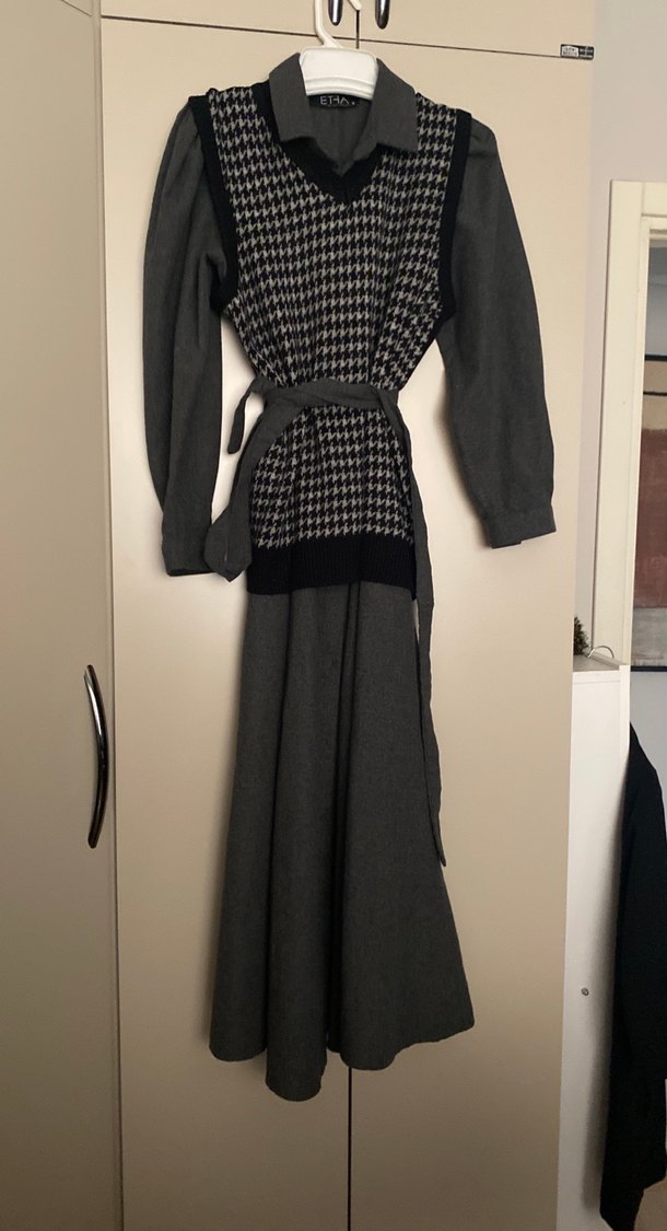 Uzun Gri Keten Kadın Elbise - Görsel 4