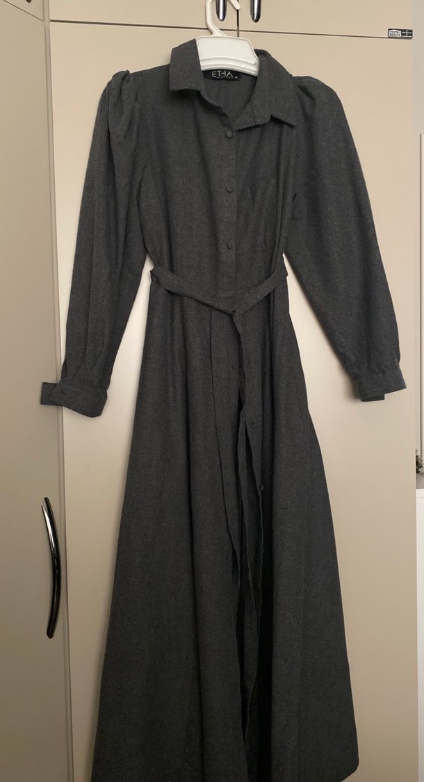 Uzun Gri Keten Kadın Elbise - Görsel 2