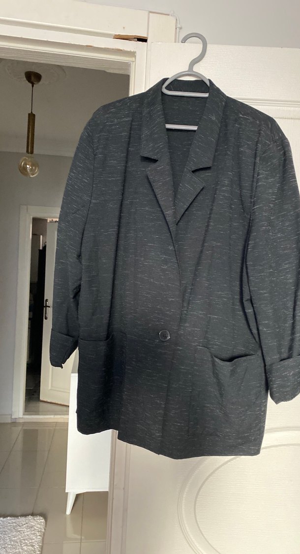 Düğmeli Gri Keten Kadın Blazer Ceket - Görsel 5