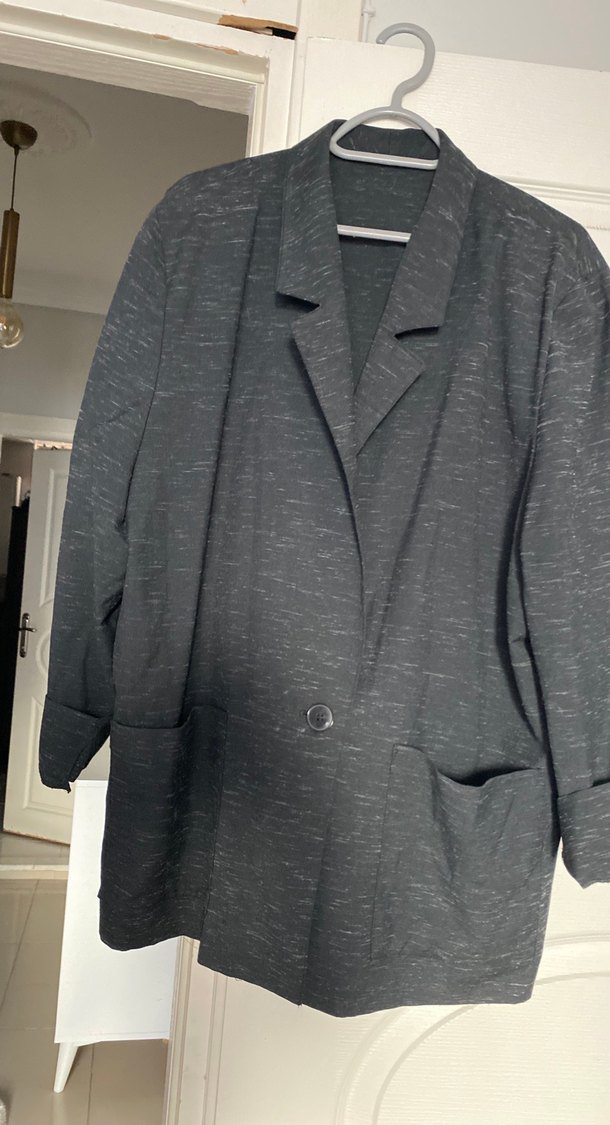 Düğmeli Gri Keten Kadın Blazer Ceket - Görsel 2