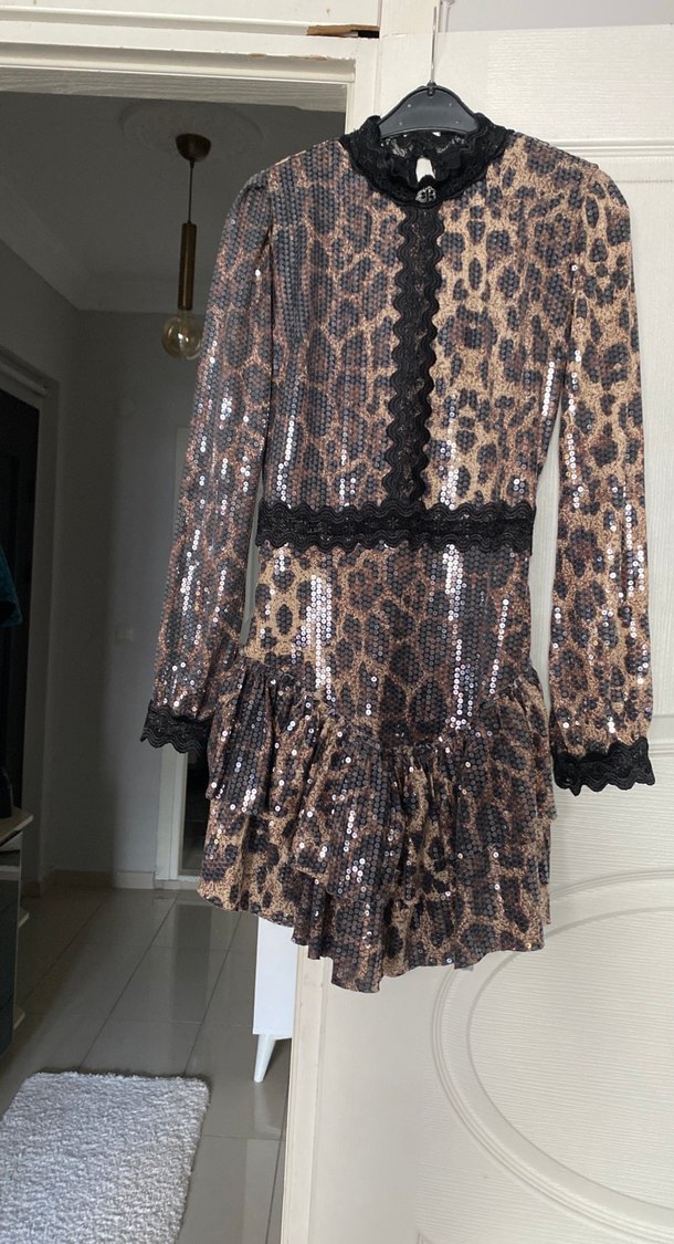 Kahverengi Yılan Desenli Mini Elbise - Görsel 2