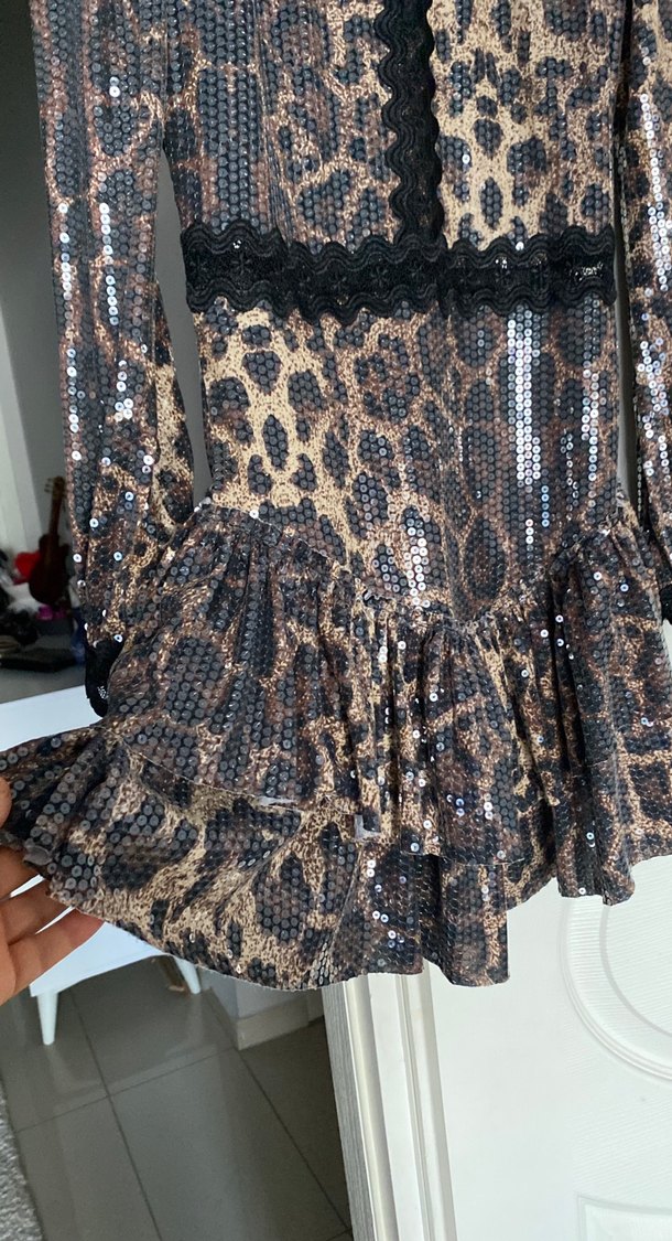 Kahverengi Yılan Desenli Mini Elbise - Görsel 4