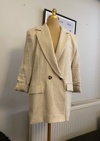 Zara Ekru Keten Gorunumlu Uzun Blazer Ceket