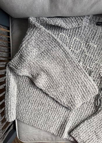 Nakışlı Gri Örgü Kadın Kazak - Görsel 3