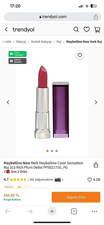 Beden Maybelline New York Maybellıne Color Sensation Ruj 315 Rich Plum