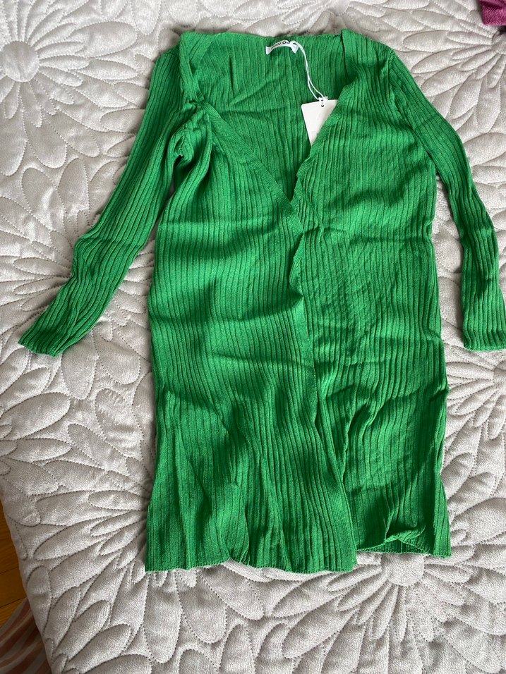 Uzun Yeşil Keten Kadın Hırka - Görsel 2